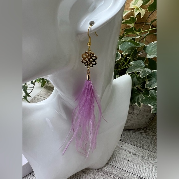 Long Dangle Pink Feather Hippie Chic Earrings - Stylish Boho Chic Earrings - Picture 9 of 15